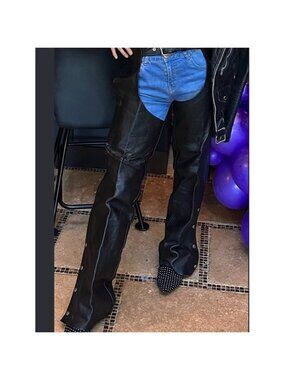 HOT LEATHERS Black Leather Over-Denim Panel Jeans size large women